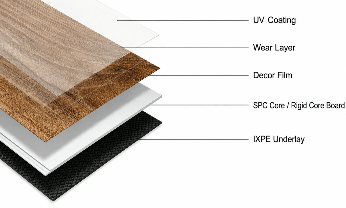SPC rigid-core flooring layers: UV coating, wear layer, decor film, SPC core, IXPE underlay